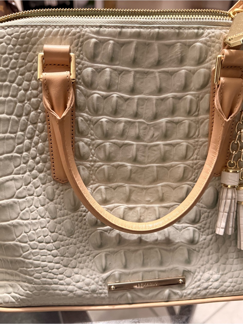 Brahmin Cream Croc-Embossed Satchel with Tan Handles
